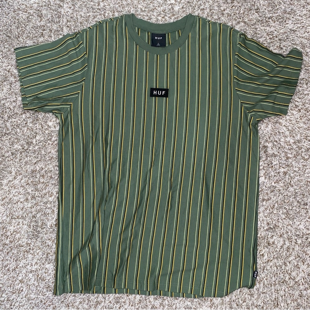HUF Men's Olive and Gold Striped Tee